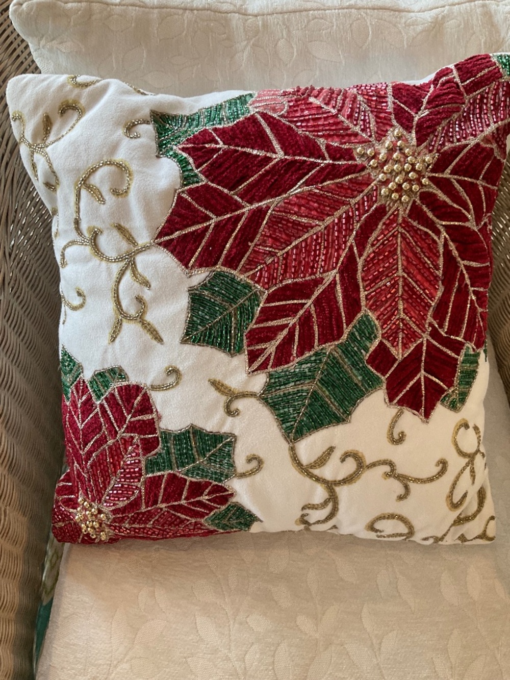 Beautiful Beaded Pointsietta Holly Christmas Pillow